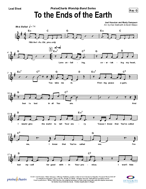 To The Ends Of The Earth Lead Sheet (Hillsong Worship)