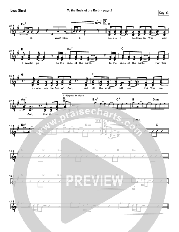 To The Ends Of The Earth Lead Sheet (Hillsong Worship)