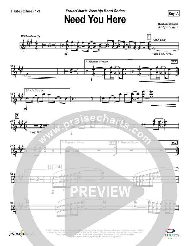 Need You Here Flute/Oboe 1/2/3 (Hillsong Worship)