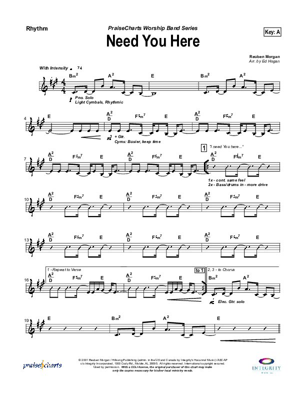 Need You Here Rhythm Chart (Hillsong Worship)