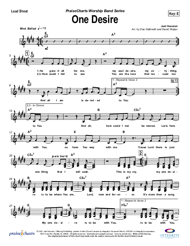 One Desire Lead Sheet (Hillsong Worship)