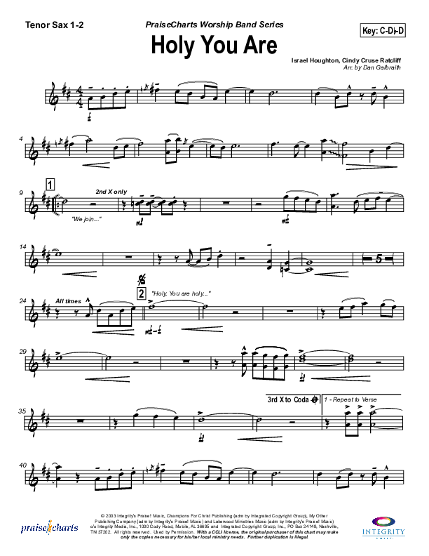 Holy You Are Tenor Sax 1/2 (Lakewood Church)