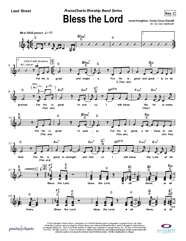 Bless The Lord Lead Sheet (Lakewood Church)