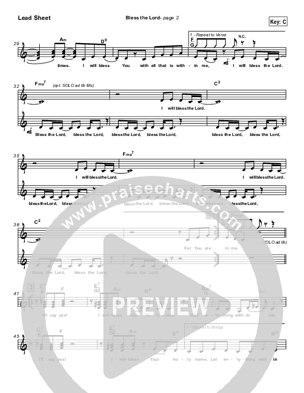 Bless The Lord Lead Sheet (Lakewood Church)