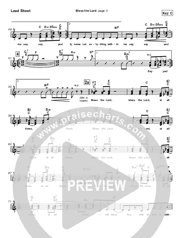 Bless The Lord Lead Sheet (Lakewood Church)