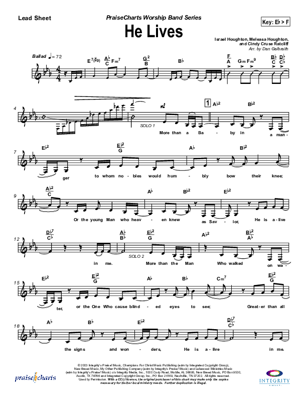 He Lives Lead Sheet (SAT) (Lakewood Church)