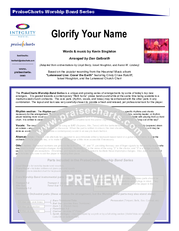 Glorify Your Name Cover Sheet (Lakewood Church)