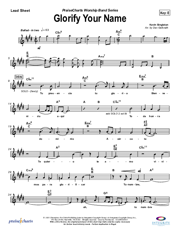 Glorify Your Name Lead Sheet (SAT) (Lakewood Church)