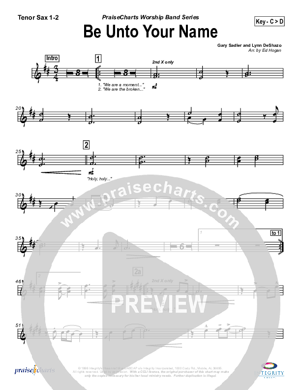 Be Unto Your Name Tenor Sax 1/2 (Robin Mark)