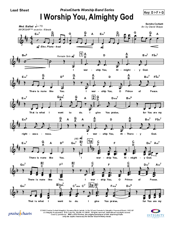 I Worship You Almighty God Lead Sheet (Sondra Corbett)