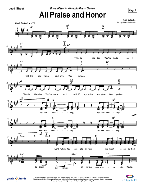 All Praise and Honor Lead Sheet (Paul Baloche)