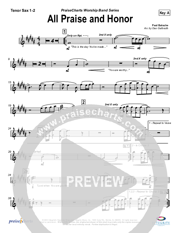 All Praise and Honor Tenor Sax 1/2 (Paul Baloche)