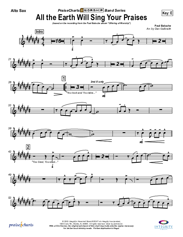 All The Earth Will Sing Your Praises Alto Sax (Paul Baloche)