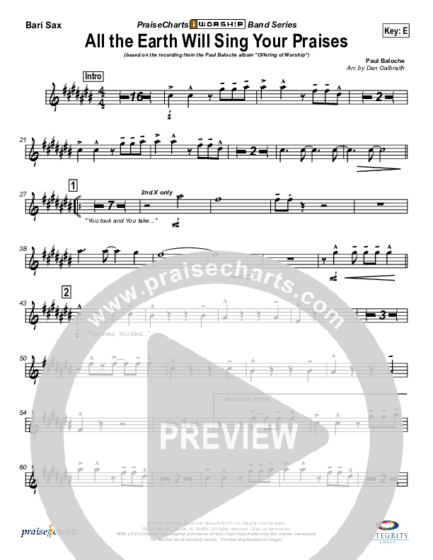 All The Earth Will Sing Your Praises Bari Sax (Paul Baloche)