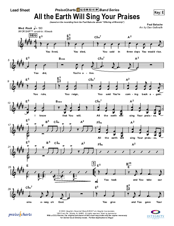 All The Earth Will Sing Your Praises Lead Sheet (SAT) (Paul Baloche)