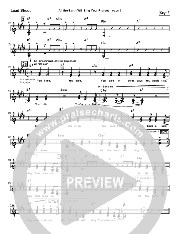 All The Earth Will Sing Your Praises Lead Sheet (SAT) (Paul Baloche)