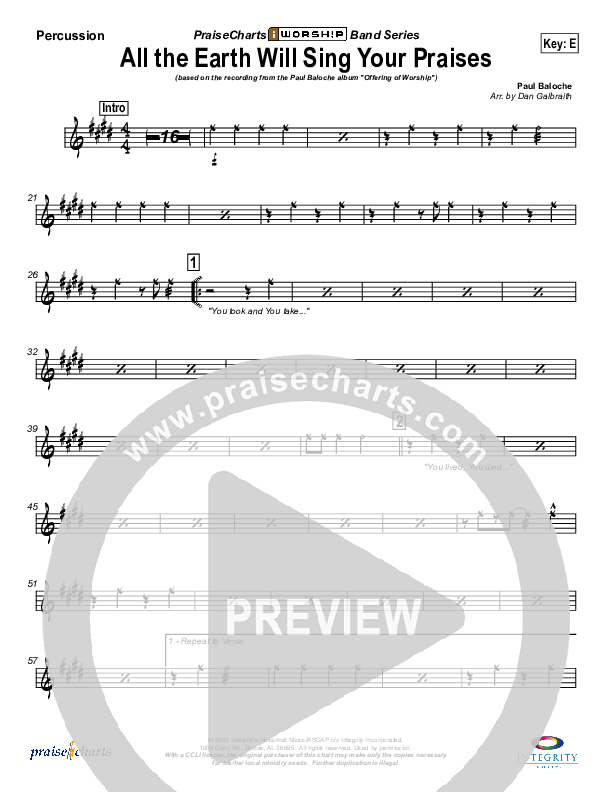 All The Earth Will Sing Your Praises Percussion (Paul Baloche)
