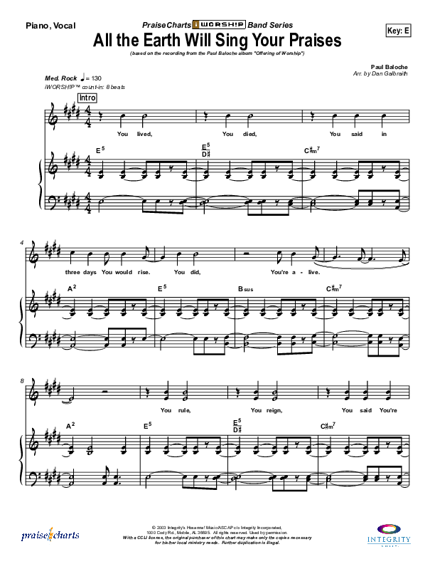 All The Earth Will Sing Your Praises Piano/Vocal (Paul Baloche)