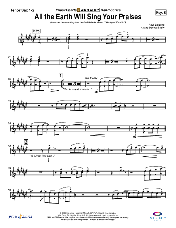 All The Earth Will Sing Your Praises Tenor Sax 1/2 (Paul Baloche)