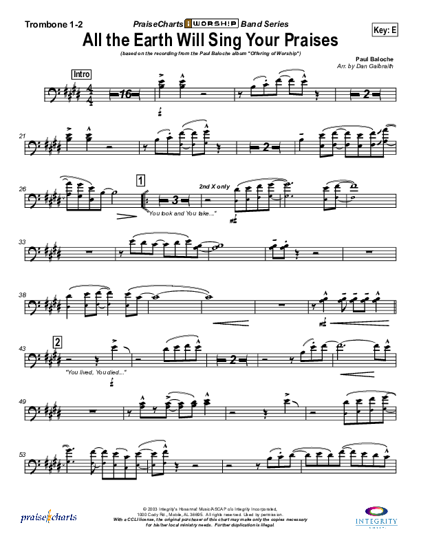 All The Earth Will Sing Your Praises Trombone 1/2 (Paul Baloche)
