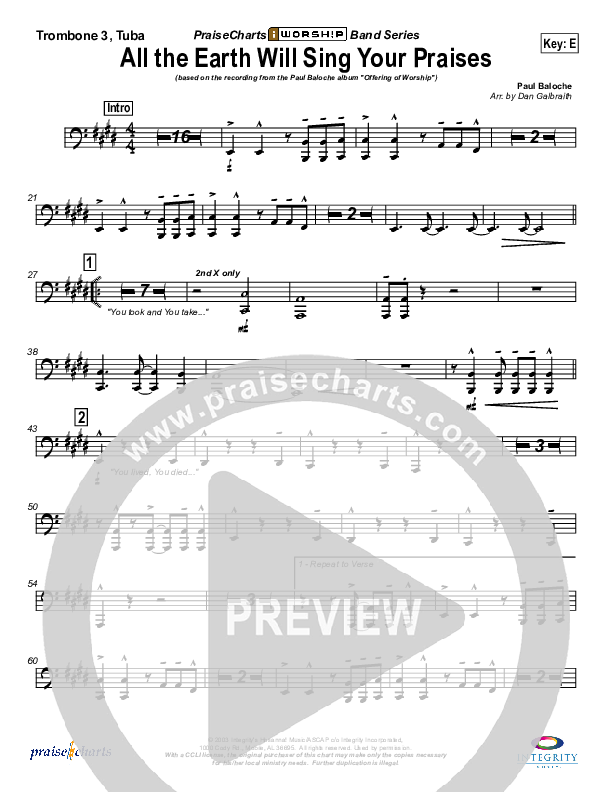 All The Earth Will Sing Your Praises Trombone 3/Tuba (Paul Baloche)