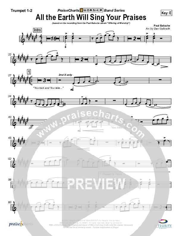 All The Earth Will Sing Your Praises Trumpet 1,2 (Paul Baloche)