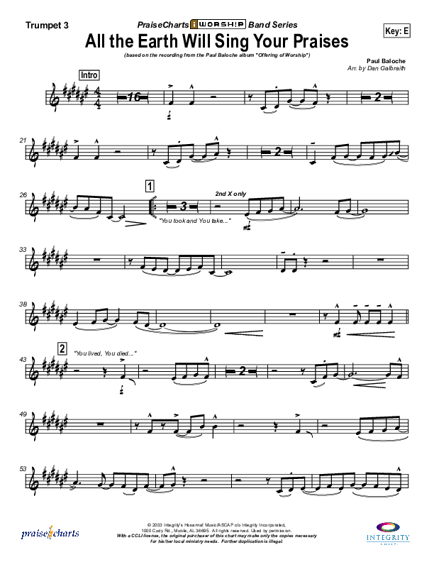 All The Earth Will Sing Your Praises Trumpet 3 (Paul Baloche)