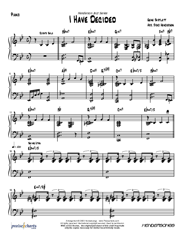 I Have Decided (Instrumental) Piano Sheet (Brad Henderson)