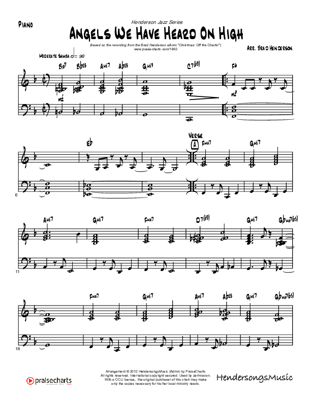 Angels We Have Heard On High (Gloria's Samba) (Instrumental) Piano Sheet (Brad Henderson)