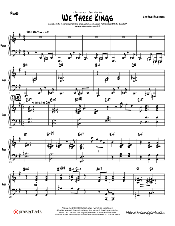 We Three Kings (Instrumental) Piano Sheet (Brad Henderson)