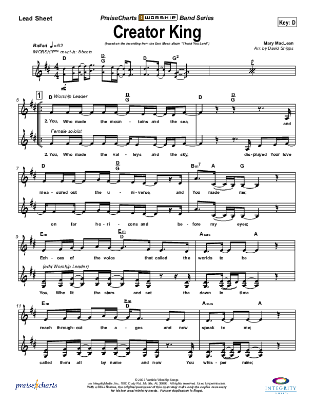Creator King Lead Sheet (Don Moen)