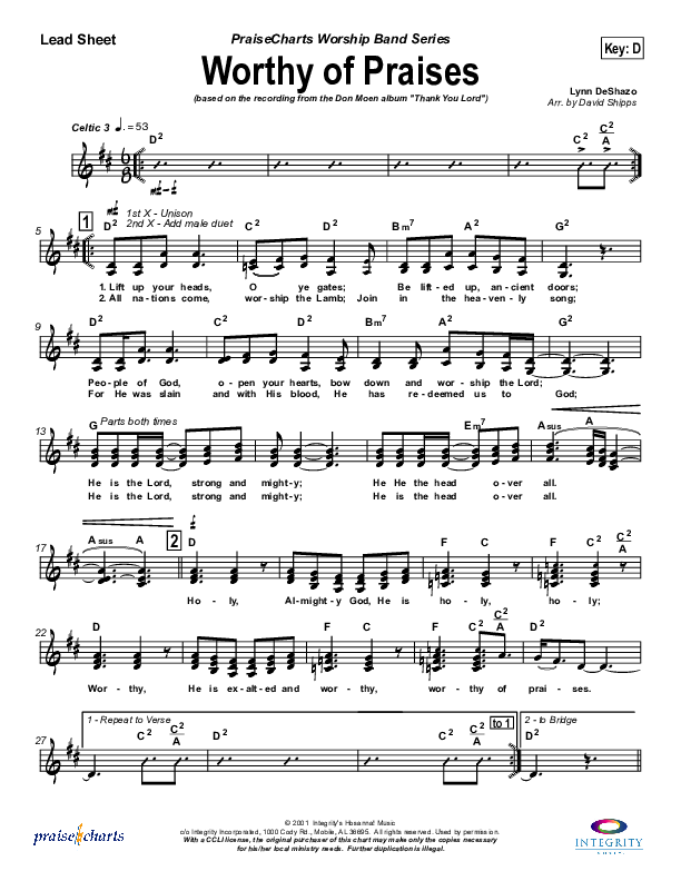 Worthy of Praises Lead Sheet (Lynn DeShazo)