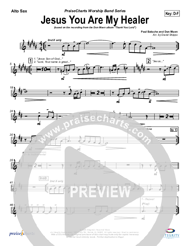 Jesus You Are My Healer Alto Sax (Don Moen)