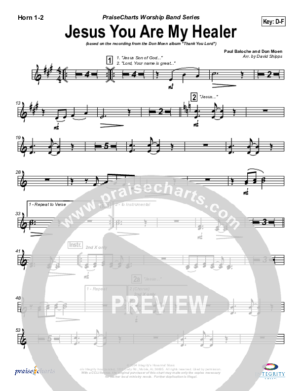 Jesus You Are My Healer French Horn 1/2 (Don Moen)