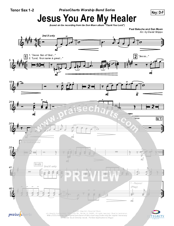 Jesus You Are My Healer Tenor Sax 1/2 (Don Moen)