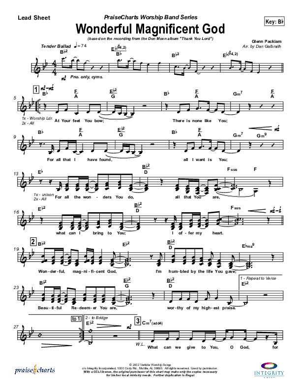 Wonderful Magnificent God Lead Sheet (Don Moen)