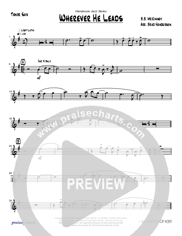 Wherever He Leads I'll Go (Instrumental) Tenor Sax 2 (Brad Henderson)