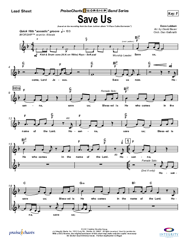Save Us Lead Sheet (SAT) (Dave Lubben)