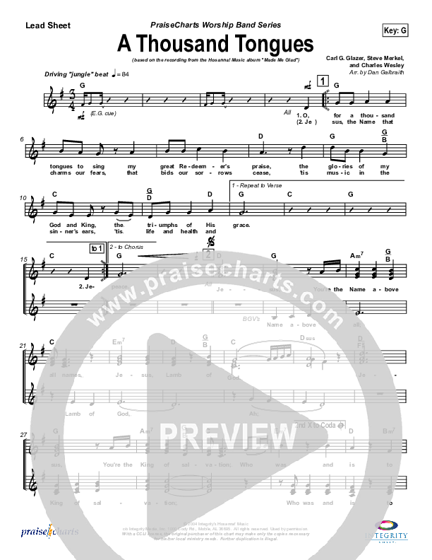 A Thousand Tongues (O For a Thousand Tongues) Lead Sheet (Michael Neale)