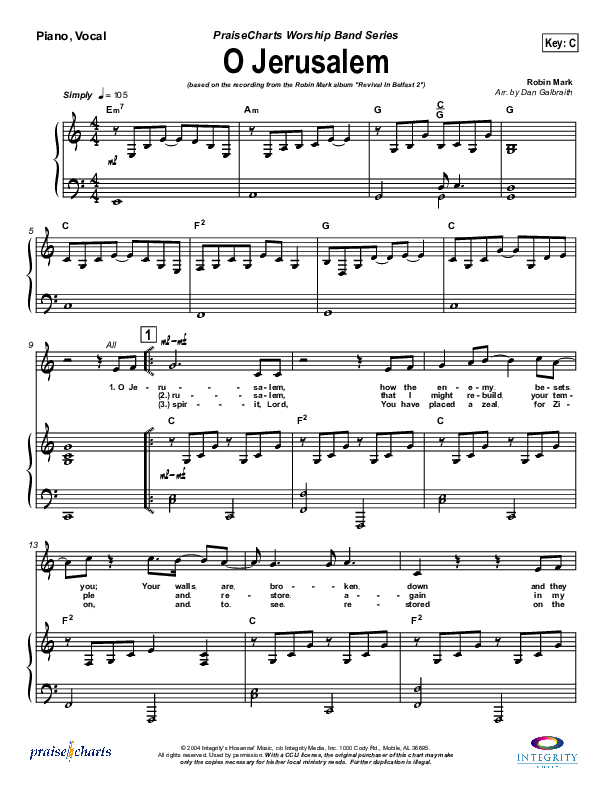 O Jerusalem Piano/Vocal (Robin Mark)