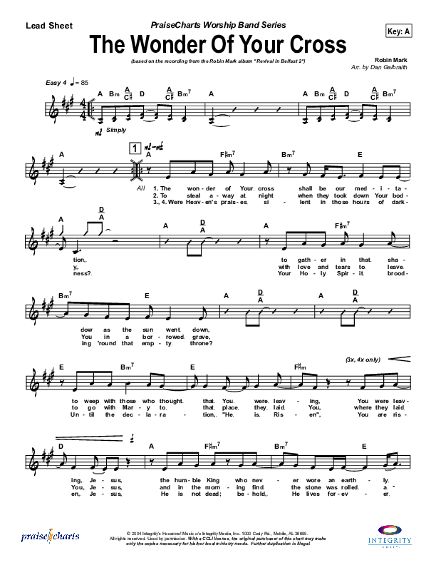 The Wonder Of Your Cross Lead Sheet (Robin Mark)