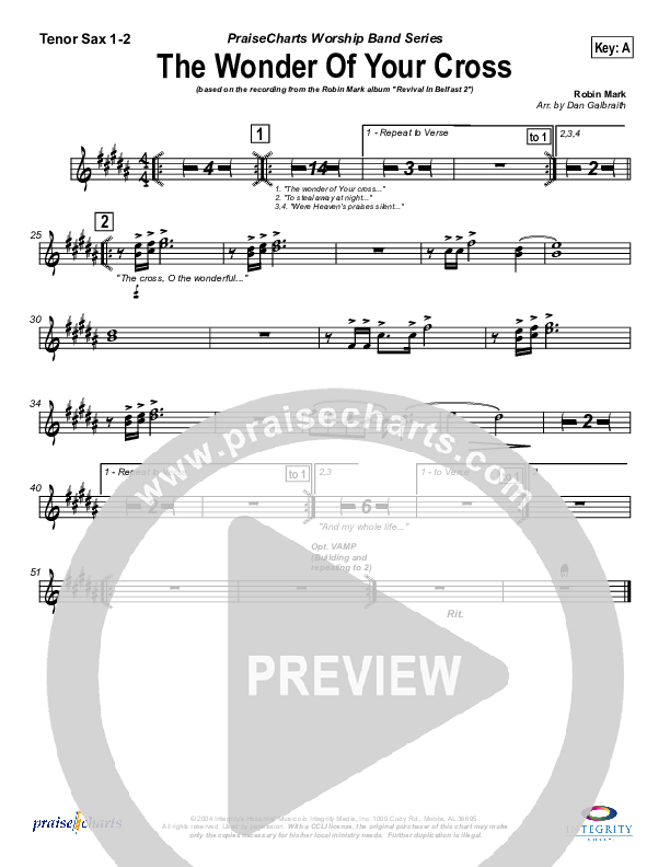 The Wonder Of Your Cross Tenor Sax 1/2 (Robin Mark)
