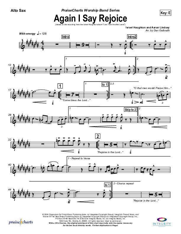 Again I Say Rejoice Alto Sax (Israel Houghton)