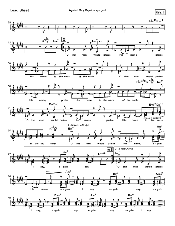Again I Say Rejoice Lead Sheet (SAT) (Israel Houghton)