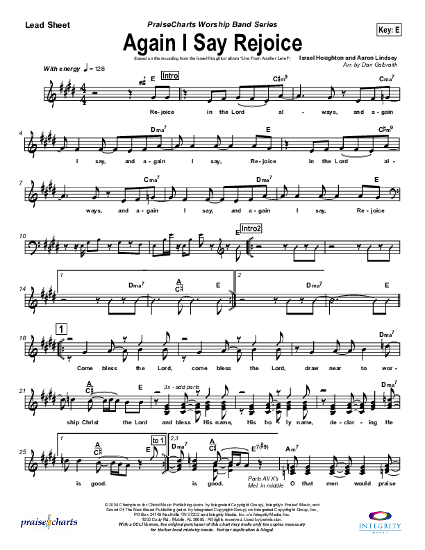Again I Say Rejoice Lead Sheet (Israel Houghton)