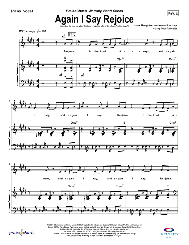 Again I Say Rejoice Piano/Vocal (SATB) (Israel Houghton)