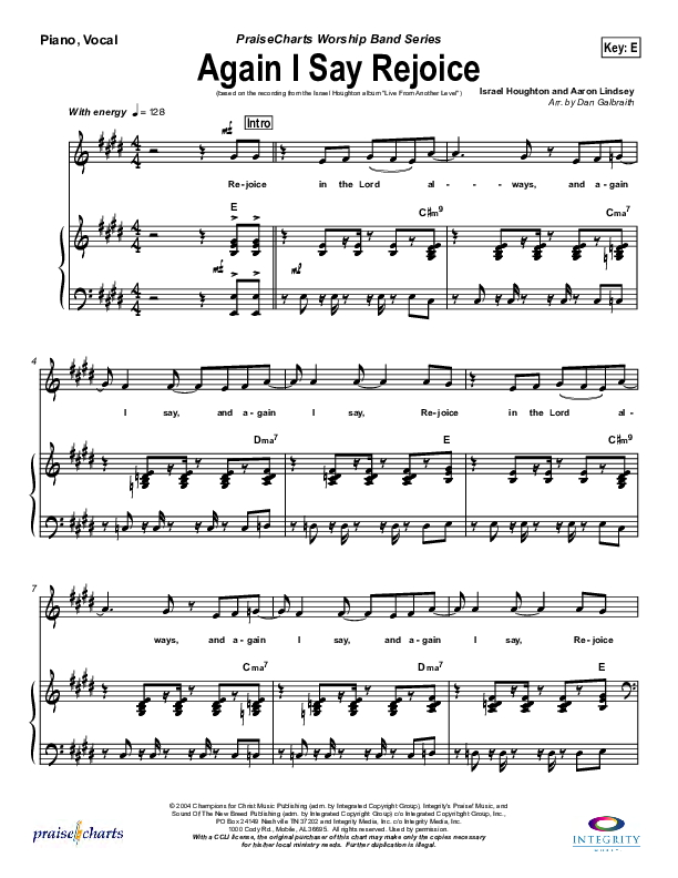 Again I Say Rejoice Piano/Vocal (Israel Houghton)