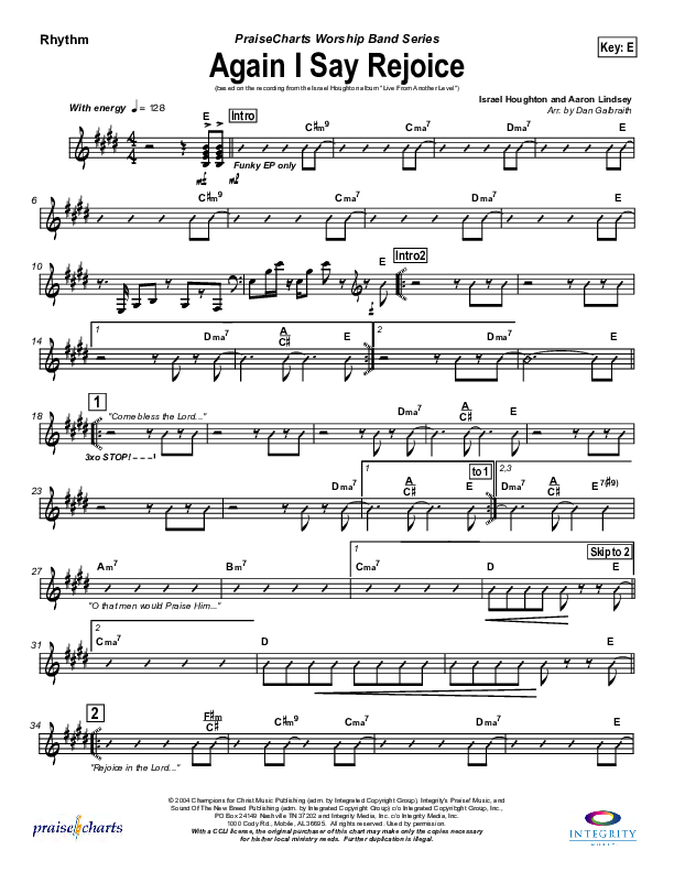 Again I Say Rejoice Rhythm Chart (Israel Houghton)