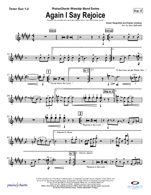 Again I Say Rejoice Tenor Sax 1/2 (Israel Houghton)