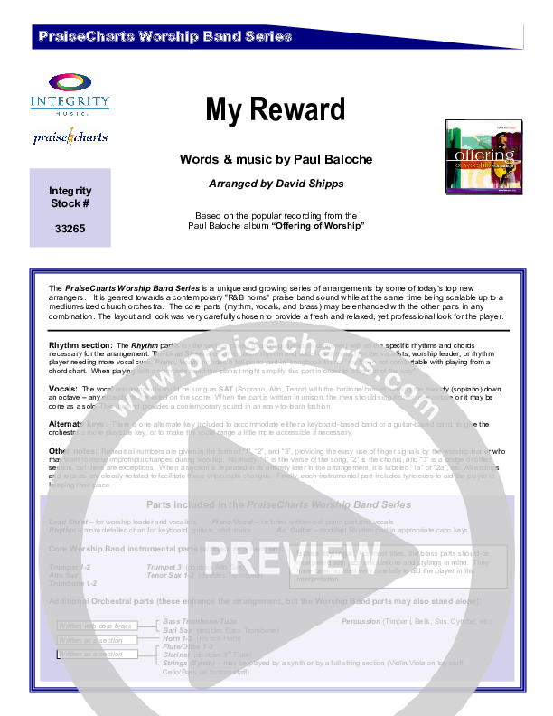My Reward Cover Sheet (Paul Baloche)
